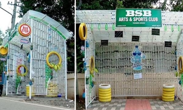 പ്ലാസ്റ്റിക് കുപ്പികൾ കൊണ്ട് ഒരു ബസ് സ്റ്റോപ്പ് ; ലോക്ക് ഡൗൺ കാലത്തെ വേറിട്ട ആശയം