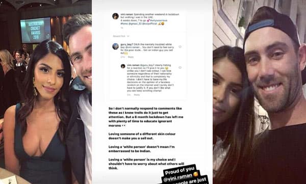 മറ്റ് നിറത്തിലുള്ളൊരാളെ പ്രണയിച്ചാല്‍ വഞ്ചകിയാകില്ല, ഇത് എന്റെ ഇഷ്ടം: വിനിയുടെ 'ചുട്ട മറുപടി' ഷെയര്‍ ചെയ്ത് മാക്‌സ്‌വെലും!