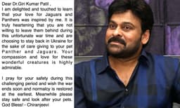 കരിമ്പുലിയേയും കടുവയേയും ഉപേക്ഷിച്ച്‌ ഉക്രൈയ്‌നില്‍ നിന്നും മടങ്ങാന്‍ മടിച്ച ഡോക്ടര്‍ക്ക് ചിരഞ്ജീവിയുടെ കത്ത് 