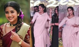 റോസ് സാരിയില്‍ കോളജ് കുട്ടികള്‍ക്കൊപ്പം ഡാന്‍സ്  നവ്യ