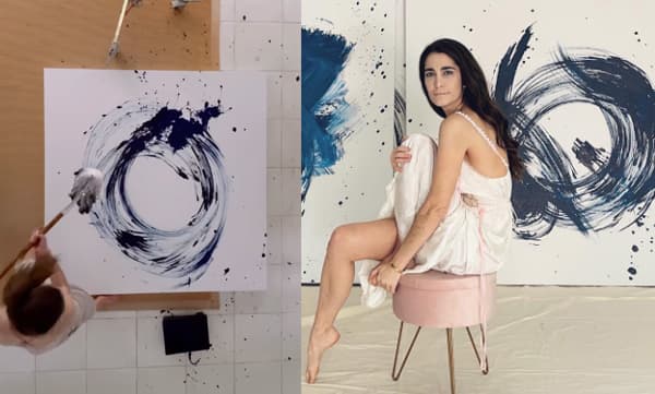 വരയ്ക്കുന്നത് മോപ്പ് ഉപയോ​ഗിച്ച്, ഇതാണോ കലയെന്ന് സോഷ്യൽമീഡിയ, വായടപ്പിച്ച് കലാകാരി