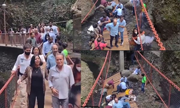 ഉദ്ഘാടനദിവസം  മെക്സിക്കോയിലെ തൂക്കു പാലം തകര്‍ന്നു വീണു, ഉദ്ഘാടനത്തിനെത്തിയ മേയറും സംഘവും താഴേക്ക് പതിച്ചു, വീഡിയോ വൈറല്‍
