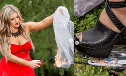 വിവാഹം മാത്രമല്ല വിവാഹമോചനവും ആഘോഷിക്കാനുള്ളതാണ്;  വിവാഹ വസ്ത്രം കത്തിച്ച് വിവാഹ ഫോട്ടോ ചവിട്ടിപ്പൊട്ടിച്ചൊരു ഫോട്ടോഷൂട്ട്