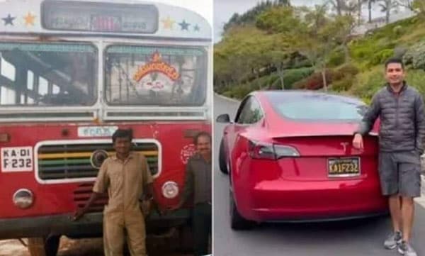 വര്‍ഷങ്ങള്‍ക്ക് ശേഷം ടെസ്‌ല കാര്‍ വാങ്ങി...  കുട്ടിക്കാലത്ത് പോയിരുന്ന സ്‌കൂള്‍ബസിന്റെ നമ്പര്‍ കാറിനും സ്വന്തമാക്കി
