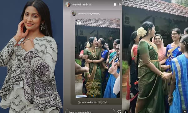 തന്നെക്കാണാനെത്തിയ വീട്ടമ്മമാരോട് ചിരിച്ചും  കുശലം പറഞ്ഞും നവ്യ, താരത്തിന് സ്നേഹത്തോടെ കവിളില്‍ ഉമ്മ നല്‍കി വീട്ടമ്മ