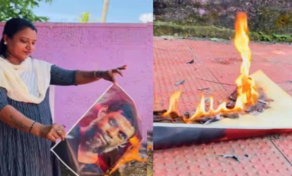 ഒന്നല്ല ഒമ്പതിനായിരം കേസ് വന്നാലും ജയിലിൽ കിടക്കും ; വിനായകന്റെ ചിത്രം കത്തിച്ച്  മഹിളാ കോൺ​ഗ്രസ്​  പ്രവർത്തക