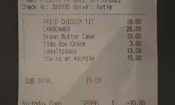  'മുട്ടന്‍ തെറി'ക്ക് 15 ഡോളര്‍; റെസ്‌റ്റോറന്റില്‍ നിന്നും ലഭിച്ച ബില്ല് കണ്ട് ഞെട്ടി ദമ്പതികള്‍