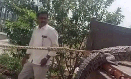 വൈദ്യുതിമുടക്കത്തിനെതിരെ മുതലയേയും കൊണ്ട്   പ്രതിഷേധമുയര്‍ത്തി നാട്ടുകാര്‍