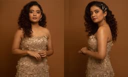 സ്ലീവ്ലെസ്സ് ഗോള്‍ഡണ്‍ ഹെവി വര്‍ക്ക് ഗൗണില്‍ അതിസുന്ദരിയായി അന്ന ബെന്‍,  അഴക് ഈ ചുരുളന്‍ മുടി തന്നെയെന്ന് ആരാധകര്‍