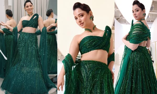 മലാഖൈറ്റ് ആസ്ട്രൽ ഗ്രീന്‍ ലെഹങ്കയ്ക്കൊപ്പം സ്കള്‍പ്റ്റഡ് ബ്ലൗസും കേപ്പും ധരിച്ച് രാജ്ഞിയുടെ ലുക്കില്‍ തമന്ന