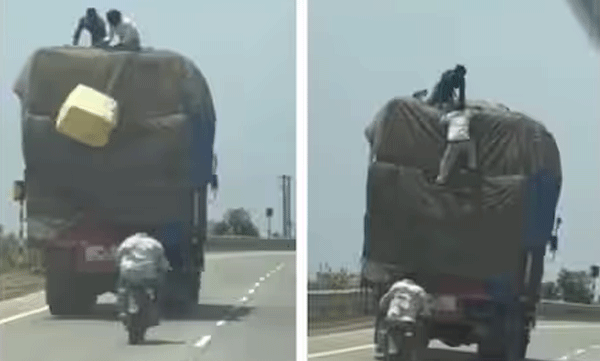 ഓടിക്കൊണ്ടിരിക്കുന്ന ട്രക്കില്‍ നിന്നും സാധനങ്ങള്‍ മോഷ്ടിക്കുന്ന മോഷ്ടക്കാള്‍: ഞെട്ടിക്കുന്ന ദൃശ്യങ്ങള്‍ പുറത്ത് 
