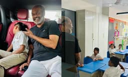 സ്‌കൂളില്‍ പോവെണ്ടെന്ന് വാശിപിടിച്ച് കൊച്ചുമോന്‍; കുഞ്ഞിന്റെ കൈപിടിച്ച് ക്ലാസ്മുറിയിലേക്കെത്തി രജനികാന്ത് 

