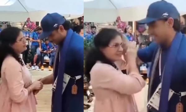 Manu Bhaker's mother is seen putting Neeraj's hand on her head (Image Source : X)