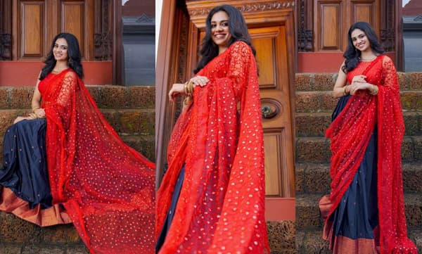 കാവ്യയുടെ ലക്ഷ്യ ഡിസൈന്‍ ചെയ്ത കാഞ്ചീവുരം പട്ടുപാവാടയും ദാവണിയുമണിഞ്ഞ് അതിസുന്ദരിയായി മീനാക്ഷി, മകളുടെ സൗന്ദര്യത്തിന് ലൈക്കടിച്ച് മഞ്ജുവാര്യര്‍