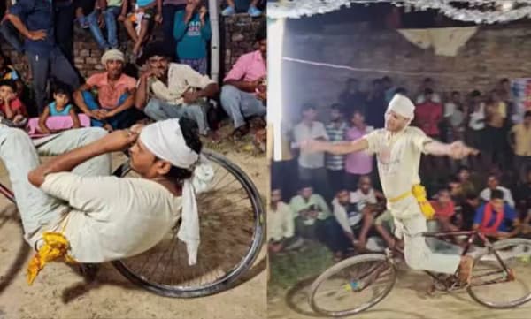 
സൈക്കിളില്‍ തൂങ്ങിക്കിടന്ന് യുവാവിന്റെ അഭ്യാസ പ്രകടനം: വൈറലായി വീഡിയോ 
