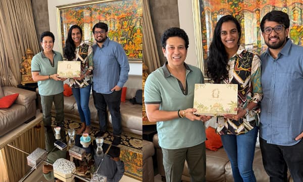 PV Sindhu and fiance Venkata datta sai along with Sachin Tendulkar (Image Source: X)