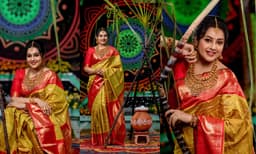 യാര്‍ ഇന്ത ദേവതൈ...ഗോള്‍ഡന്‍ പട്ടുസാരിയില്‍ അപ്സരസ്സിനെപ്പോലെ അണിഞ്ഞൊരുങ്ങി മീന; ഏഴഴകുള്ള സുന്ദരിയെന്ന് സോഷ്യല്‍ മീഡിയ