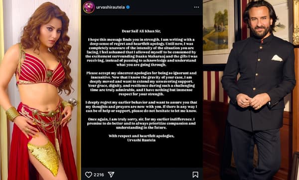 ‘‘ദാക്കു മഹാരാജിന്റെ ആവേശത്തില്‍ മുഴുകിപ്പോയി, എന്റെ പ്രതികരണത്തില്‍ ഞാന്‍ പശ്ചാത്താപിക്കുന്നു, ക്ഷമ ചോദിക്കുന്നു...’’ സെയ്ഫിനോട് മാപ്പ് പറഞ്ഞ് ഉര്‍വ്വശി റൗ​ട്ടേല