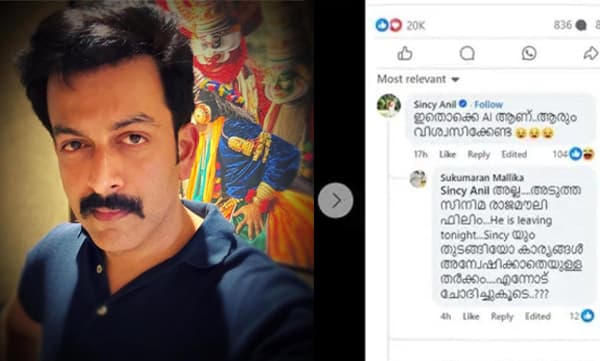 Mallika Sukumaran's reply comment on prithviraj's latest post (Image Source: Facebook)