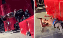 പാട്ടുപാടുന്നതിനിടയില്‍ ബ്ലാക്ക് ഫ്‌ലിപ്പ് ചെയ്യാന്‍ ശ്രമം: നടുവടിച്ച് വീണ് ഗായകന്‍, വൈറലായി വീഡിയോ 
