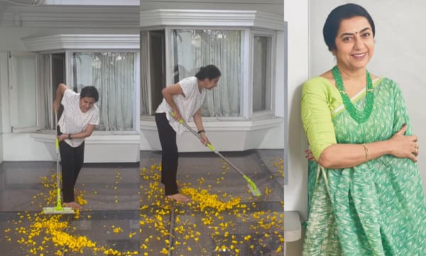 വീടിനു മുകളിലെ ഗ്ലാസ് റൂഫ് ടോപ്പി​ല്‍ വീണ മഞ്ഞപ്പൂക്കള്‍ തുടച്ച്‌ നീക്കുന്ന സുഹാസിനി; ജോലിക്കാരില്ലേ എന്ന ചോദ്യവും, ഒപ്പം 63-ാം വയസ്സിലെ ഊര്‍ജ്ജത്തിന് കൈയടിയും 