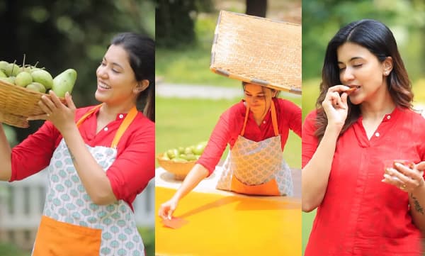 Anju Kurian making mango thera candy in home