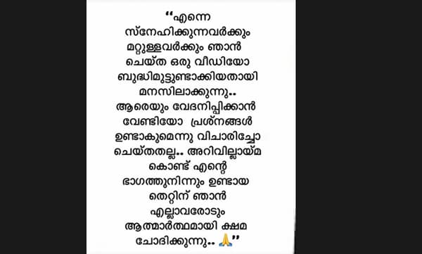 ആരെയും വേദനിപ്പിക്കാന് വേണ്ടി ചെയ്തതല്ല, അറിവില്ലായ്മ കൊണ്ട് സംഭവിച്ചുപോയ തെറ്റ്; ആത്മാര്ത്ഥമായി ക്ഷമ ചോദിക്കുന്നു; ജാസ്മിന് ജാഫര്