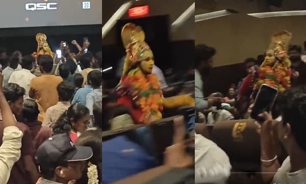 കാന്താര​‍ പ്രദര്‍ശനത്തിന് ശേഷം തിയേറ്ററില്‍ ഓടിക്കയറി പഞ്ചുരുളി തെയ്യവേഷം; വരാഹരൂപം പാട്ടിന് ചുവടു വച്ചതോടെ കാണികള്‍ക്കും ആവേശം; വൈറല്‍ വീഡിയോ