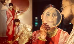 തങ്ങളുടെ ആദ്യ കര്‍വാ ചൗത്തില്‍ ഹിനയുടെ കാല്‍തൊട്ട് റോക്കി ജസ്വാള്‍; നെറുകയില്‍ സിന്ദൂരവും ആടയാഭരണങ്ങളുമണിഞ്ഞ് കര്‍വാ ചൗത്തില്‍ അതിസുന്ദരിയായി ഹിന ഖാന്‍