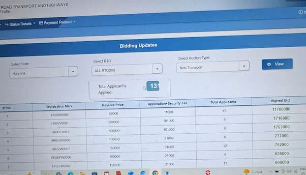 ‘HR88B8888’ എന്ന ‘വാഹനനമ്പര്‍’  പോയത് 1.17 കോടി രൂപയ്ക്ക് ; ഓണ്‍ലൈന്‍ ലേലത്തിന് വന്നത് 45 ​​അപേക്ഷകര്‍
