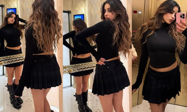 ബ്ലാക്ക് ഫുൾസ്ലീവ് ക്രോപ്പ് ടോപ്പും മിനി സ്കർട്ടും ചങ്കി ബൂട്സും ധരിച്ച് ഹോട്ട് ടംബ്ലർ ഗേൾ ലുക്കില്‍ ജാന്‍വി കപൂര്‍; സോഷ്യല്‍ മീഡിയ ചൂടാക്കി താരപുത്രി 