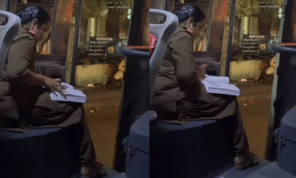 പരാതികളില്ല, പരിശ്രമം മാത്രം; ബസിലെ ബഹളങ്ങള്‍ക്കിടയിലും പഠനം തുടരുന്ന വനിതാ കണ്ടക്ടര്‍, കയ്യടിച്ച് സോഷ്യല്‍ മീഡയ
