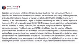 യുദ്ധത്തിന് താല്‍ക്കാലിക വിരാമം;രണ്ട് ആഴ്ചത്തേക്ക് നിര്‍ത്തുമെന്ന് ട്രംപ് 