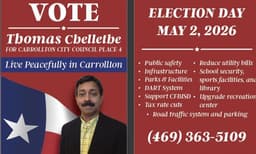 കരോൾട്ടൺ സിറ്റി കൗൺസിൽ തിരഞ്ഞെടുപ്പ്: തോമസ് ചെള്ളേത്ത് ജനവിധി തേടുന്നു; വികസന സ്വപ്നങ്ങളുമായി മലയാളി സ്ഥാനാർത്ഥി
