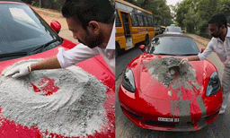 റോഡിലെ കുഴികള്‍ ഭീഷണിയാകുന്നു: പോര്‍ഷെയുടെ ബോണറ്റില്‍വച്ച് സിമന്റ് കുഴച്ച് കുഴിയടച്ച് സംരഭകന്‍: ചര്‍ച്ചയായി വീഡിയോ 
