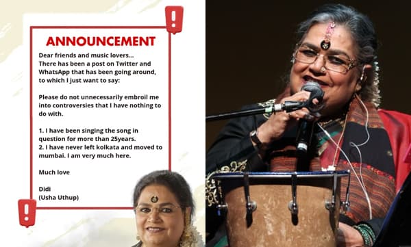 ‘എനിക്ക് യാതൊരു ബന്ധവുമില്ലാത്ത വിവാദങ്ങളിൽ ദയവായി എന്നെ അനാവശ്യമായി കുടുക്കരുത്...’ദീദി പാട്ട് വിവാദത്തിൽ വ്യക്തത വരുത്തി ഗായിക ഉഷ ഉതുപ്പ്