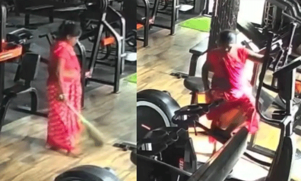 ജിമ്മിലെ യന്ത്രത്തില്‍ കൗതുകം തീര്‍ത്ത് ശുചീകരണ തൊഴിലാളിയായ സ്ത്രീ; മനസ് നിറയ്ക്കുന്ന വീഡിയോ വൈറല്‍