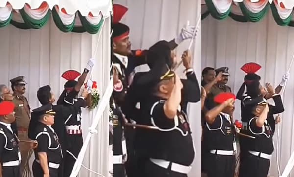 പതാക ഉയര്‍ത്തുന്നതിനിടെ ഗാര്‍ഡിന് ബാലന്‍സ് തെറ്റി; മനസ്സാന്നിധ്യത്തോടെ ഇടപെട്ട് താങ്ങിനിര്‍ത്തി മുഖ്യമന്ത്രി വിജയ്; ​സല്യൂട്ടുമായി ആരാധകര്‍