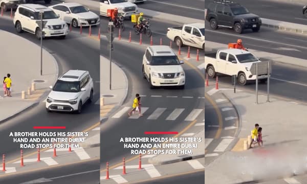 Brother holds his sister's hand while  crossing the road (Image Source: Instagram)