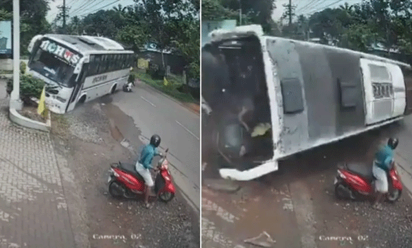 സ്കൂട്ടറിനെ രക്ഷിക്കാൻ വെട്ടിച്ച ബസ് നിയന്ത്രണംവിട്ട് മറിഞ്ഞു; നടുക്കുന്ന ദൃശ്യങ്ങൾ പുറത്ത്