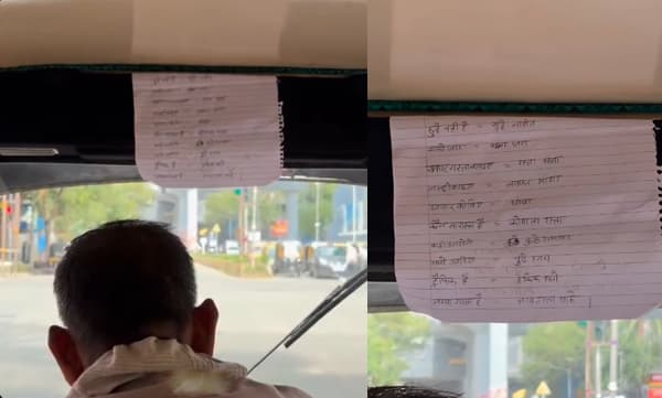 Mumbai auto driver pasting a Hindi-to-Marathi translation sheet in his auto (Image Source: Instagram)