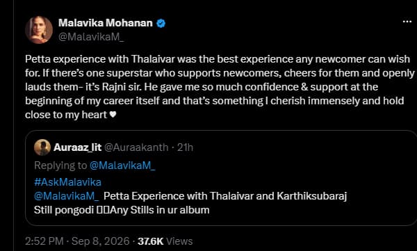 പുതുമുഖങ്ങളെ പിന്തുണയ്ക്കുന്ന അവരെ പ്രോത്സാഹിപ്പിക്കുന്ന സൂപ്പര്‍സ്റ്റാര്‍; രജനികാന്തിനെക്കുറിച്ച് മാളവിക മോഹനന്‍ 


