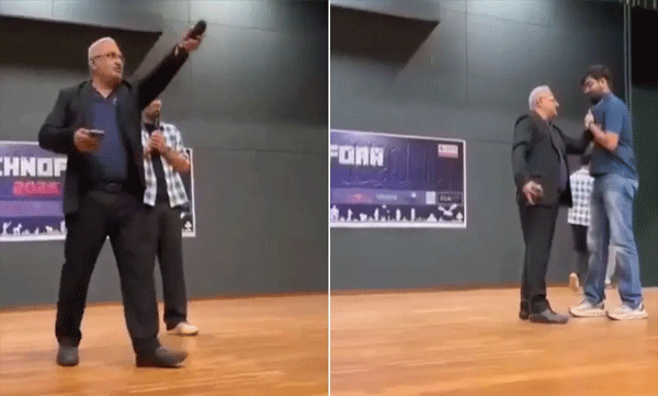 കോമഡി ഷോയ്ക്കിടെ പ്രൊഫസറെ തടഞ്ഞു; വിദ്യാർഥിയുടെ കോളറിൽ പിടിച്ച് അധ്യാപകൻ, വീഡിയോ വൈറൽ