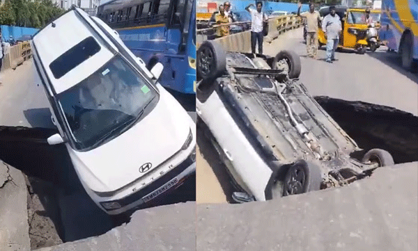 ചെന്നൈയിൽ ഓടിക്കൊണ്ടിരിക്കെ റോഡ് ഇടിഞ്ഞു; കുഴിയിലേക്ക് തലകീഴായി മറിഞ്ഞ് കാർ, ദൃശ്യങ്ങൾ വൈറൽ