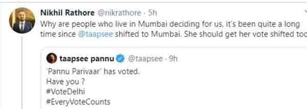 മുംബൈക്കാരിക്കെന്താ ഡല്ഹിയില് വോട്ട് ചെയ്യുന്നിടത്ത് കാര്യം ; വിമര്ശകന് കിടിലന് മറുപടിയുമായി താപ്സി