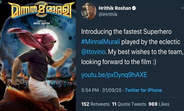 മലയാളത്തിന്റെ ആദ്യ സൂപ്പർ ഹീറോയ്ക്ക് ബോളിവുഡ് സൂപ്പർ ഹീറോ ഹൃതിക് റോഷൻ വക ആശംസകൾ