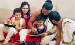ഹരിഹരപുര ക്ഷേത്രത്തില് മകള്ക്ക് ആദ്യക്ഷരം കുറിച്ച് ഋഷഭ് ഷെട്ടി; ചിത്രങ്ങള്
