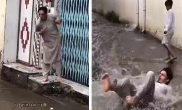 ഇതല്ല ഇതലപ്പുറം ചാടിക്കടന്നവനാണ്...: വെള്ളക്കെട്ടില് ചവിട്ടാതിരിക്കാന് റോഡ് മുറിച്ച് ചാടി, നടുവും തല്ലി താഴെ, വീഡിയോ കണ്ട് പൊട്ടിച്ചിരിച്ച് നെറ്റീസണ്സ്