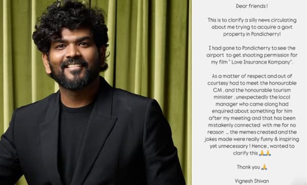 Vignesh Sivan about fake news on buying government properties (Image Source: Instagram)