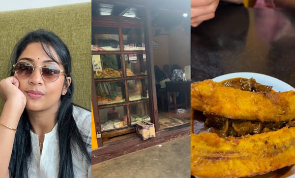 Navya Nair shares eating pazham pori and beef combo in nadan tea stall